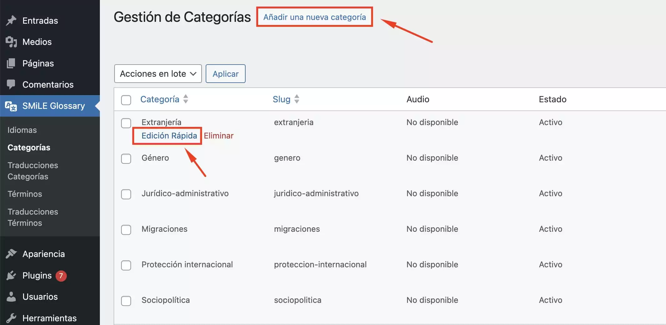 Captura backend plugin WordPress categorias Interfaz para gestionar categorías