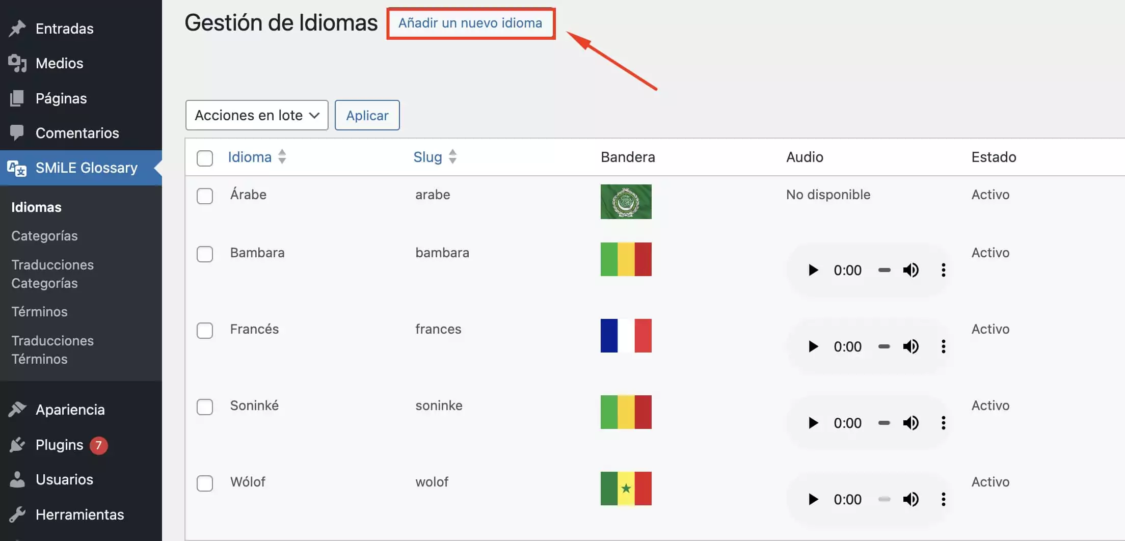 Captura backend plugin WordPress idiomas Interfaz para gestionar categorías