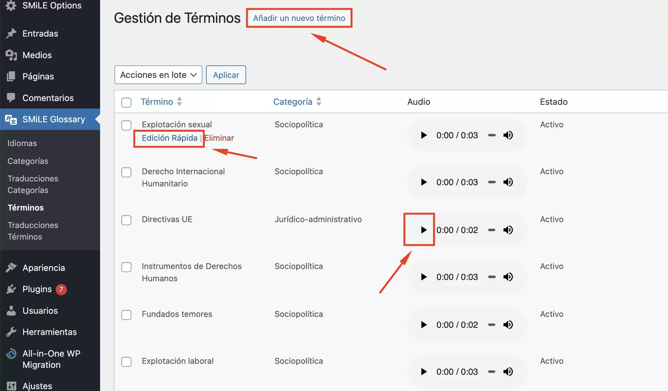 Interfaz de gestión de términos