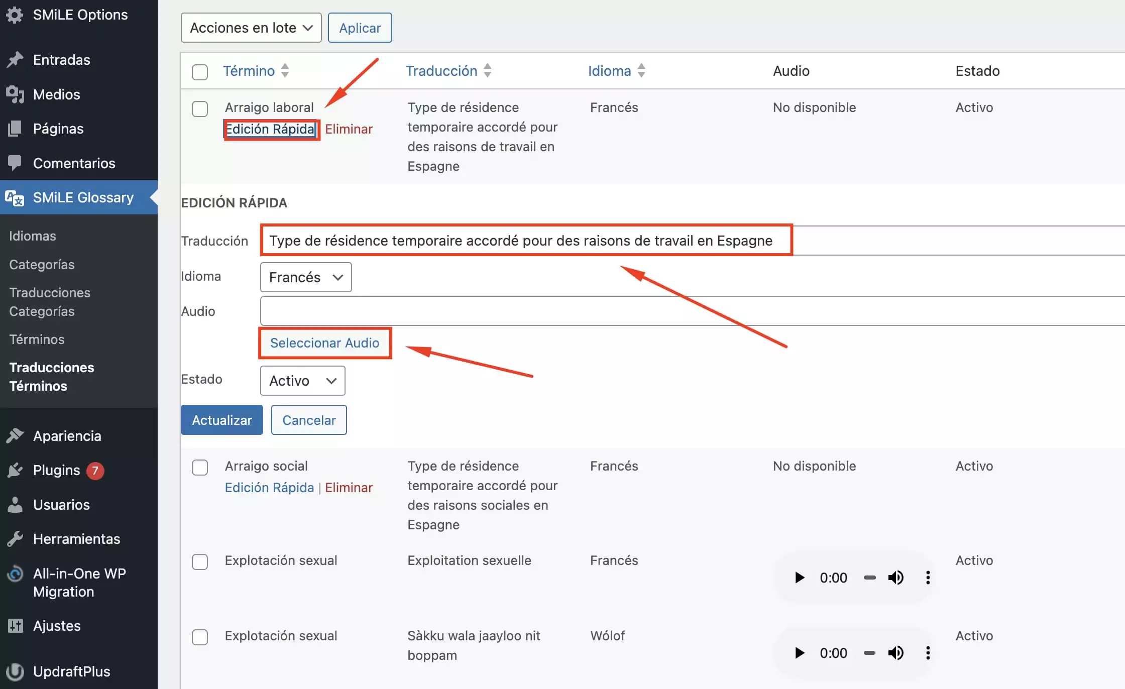 Interfaz de edición rápido de términos