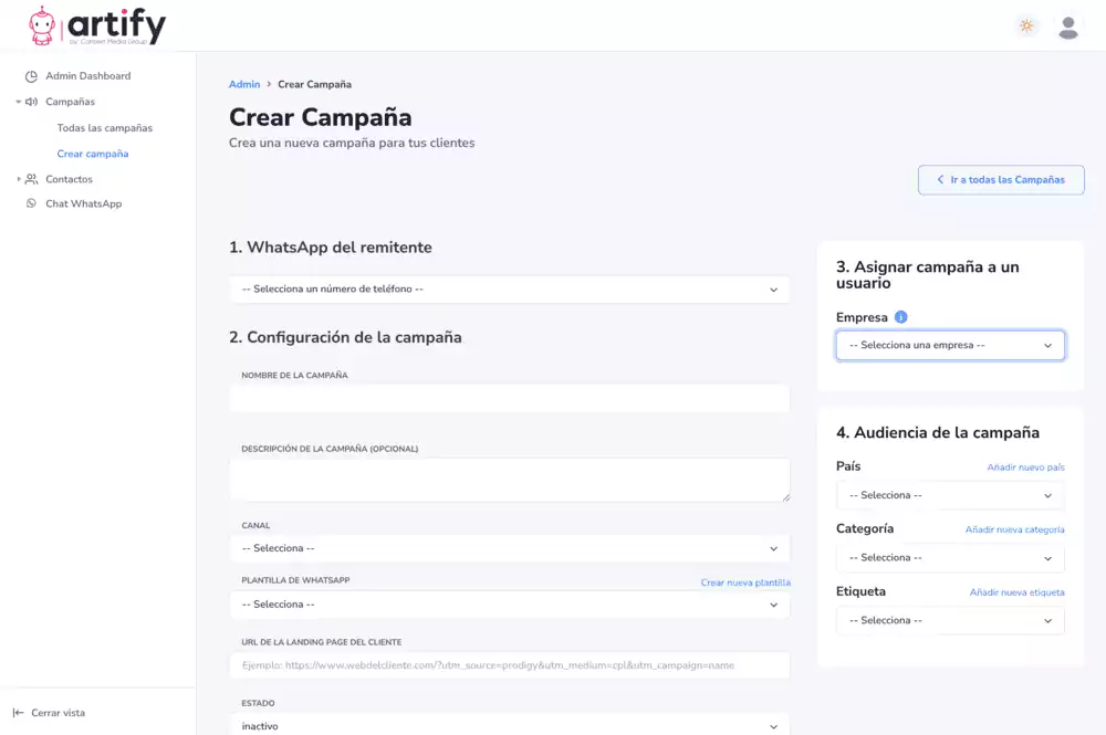 panel de aplicación para crear campaña