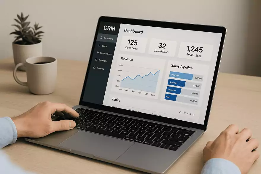 Persona utilizando un CRM personalizado con gráficas y métricas de gestión interna en un portátil sobre escritorio de madera