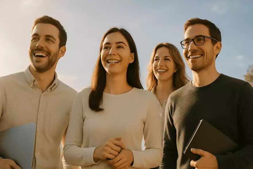 Cuatro profesionales sonrientes al aire libre trabajando en equipo bajo un cielo despejado