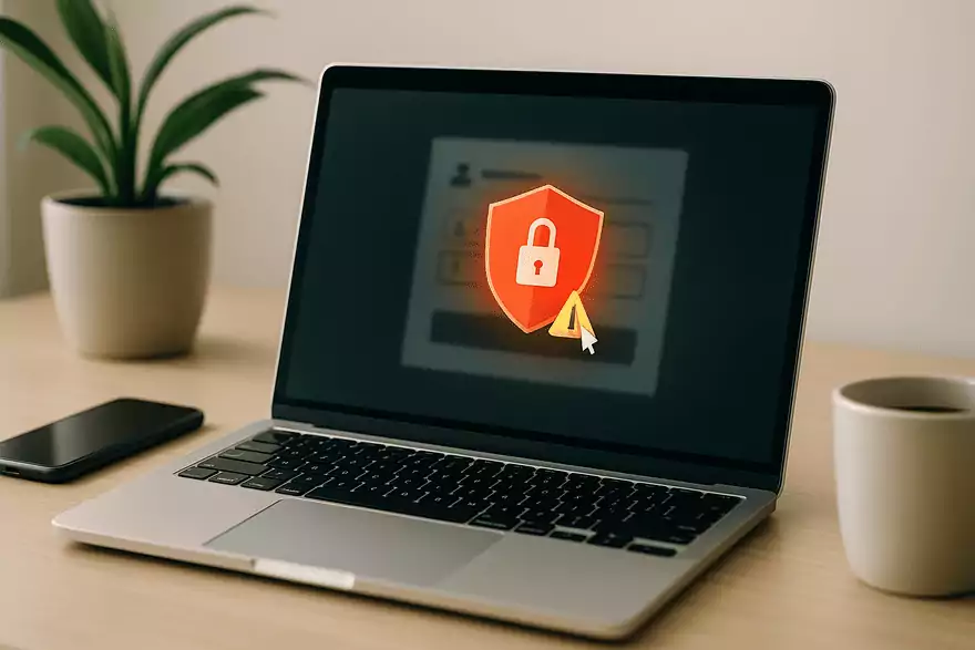 Portátil sobre escritorio con un icono de advertencia en la pantalla mientras se rellena un formulario online